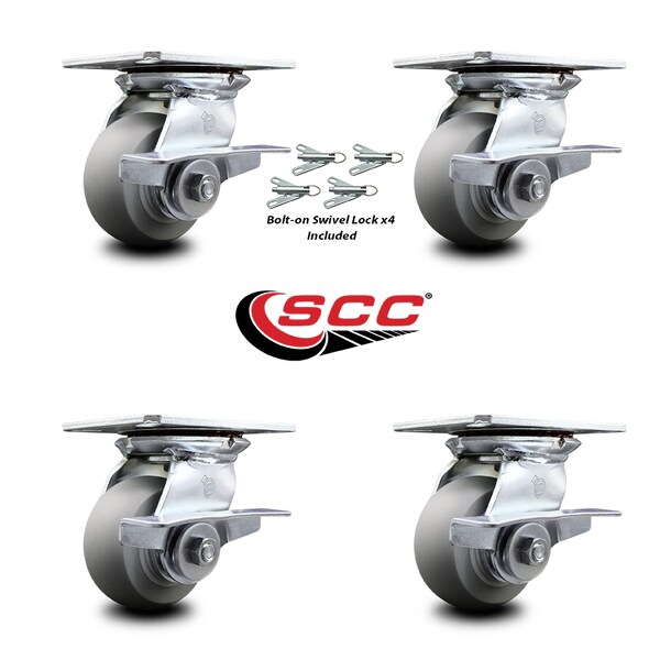4 Inch Thermoplastic Caster Set With Roller Bearings And Brakes/Swivel Locks SCC